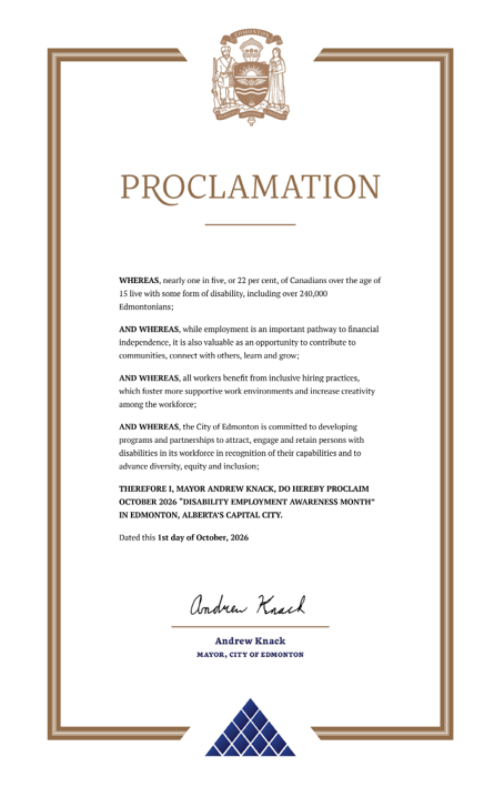 The City of Edmonton Proclamation that Oct 1, 2026 is Disability Employment Awareness Month